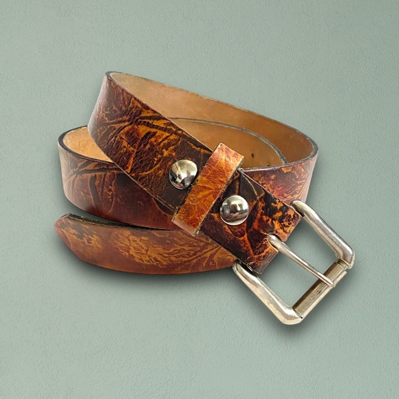 Vintage Handtooled Leather Abstract Floral Unisex Belt - Picture 2 of 11